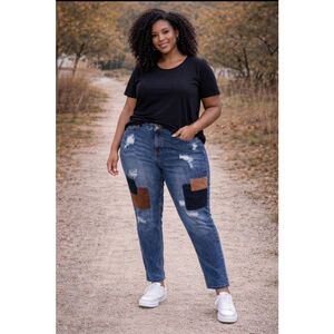Plus Size 18W Patchwork Distressed Full Length Jeans – Boho Western Style